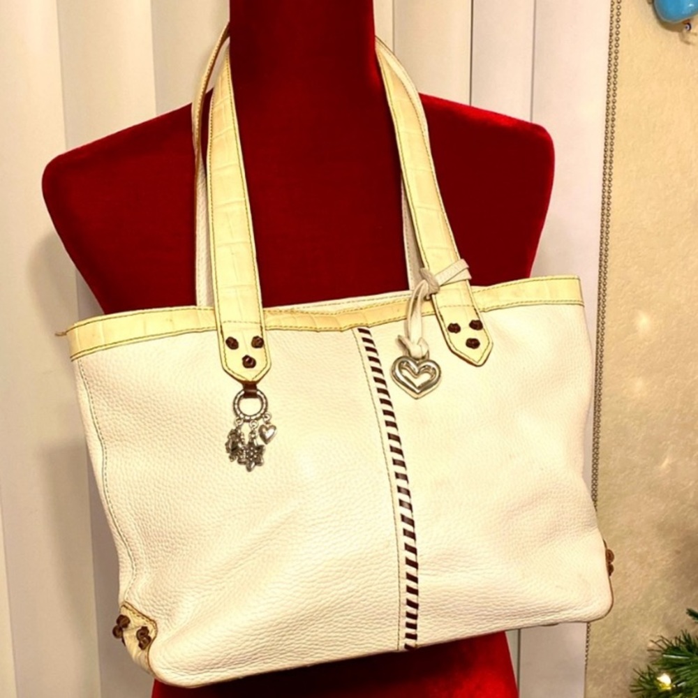 EUC Brighton Leather Cream Shoulder Tote Bag Floral Interior with Charm